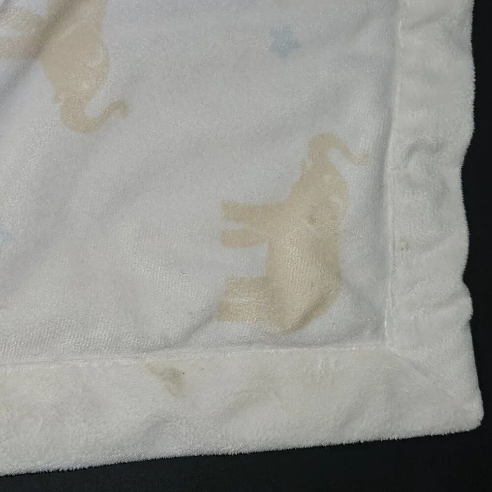 Wendy Bellissimo White Tan Elephant Fleece Baby Blanket Blue Stars READ AS IS